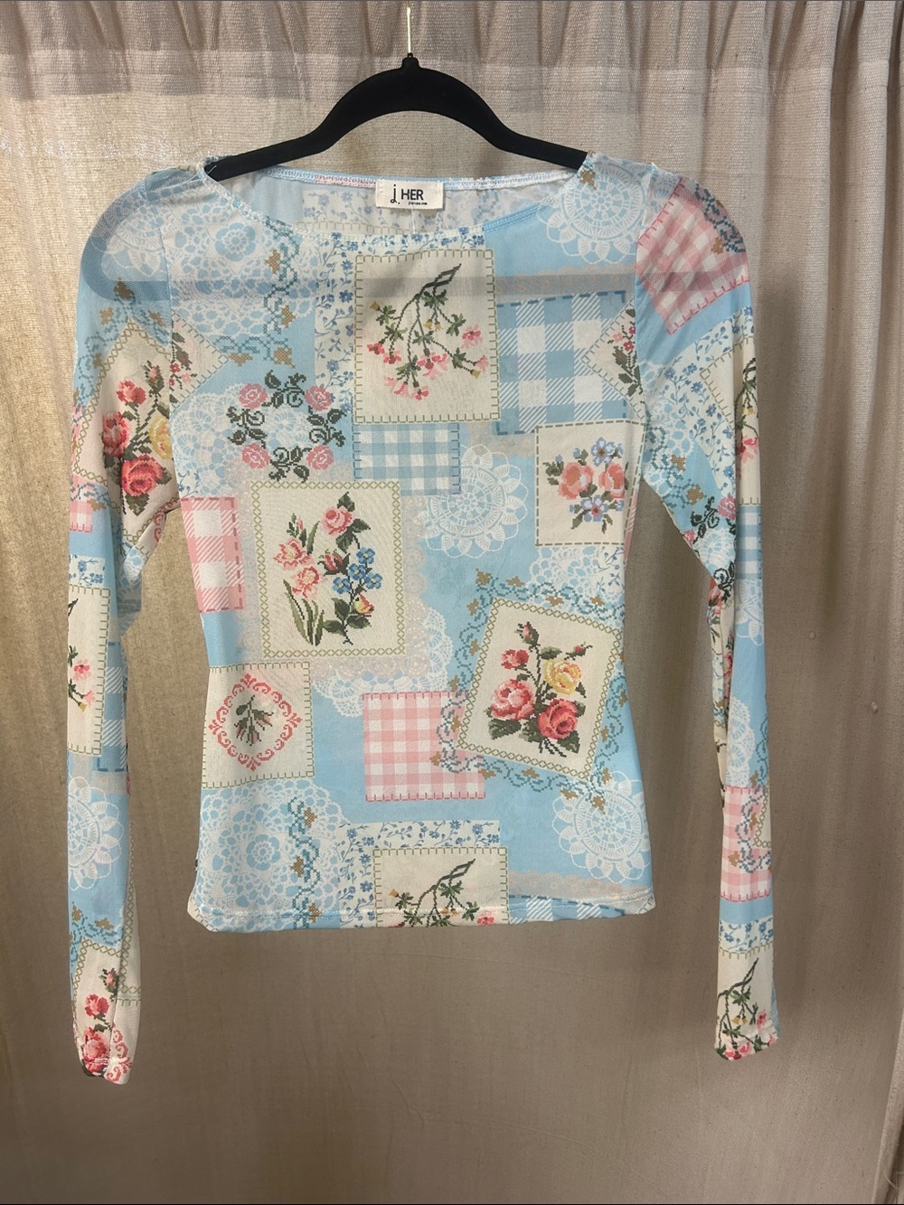J. Her Blue Floral Patchwork Mesh Long Sleeve Top